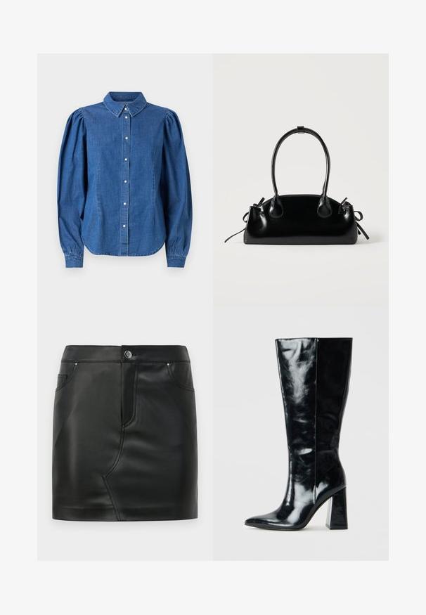 Denim shirt in een lichtblauwe kleur, met een knoopsluiting aan de voorkant en een op maat gemaakte kraag. Heeft opgezette lange mouwen en een gebogen zoom.; Zwarte nepleer mini-rok met een voorknop, ritsluiting, voor- en achterkant zakken, en naaddetail.; Zwarte kniehoge laarzen van glanzend leer, met een puntige neus en een chunky geometrische hak met een zachte textuur.; Kleine zwarte glanzende handtas met twee lange hengsels en zijkant trekkoord details op een effen lichte achtergrond.