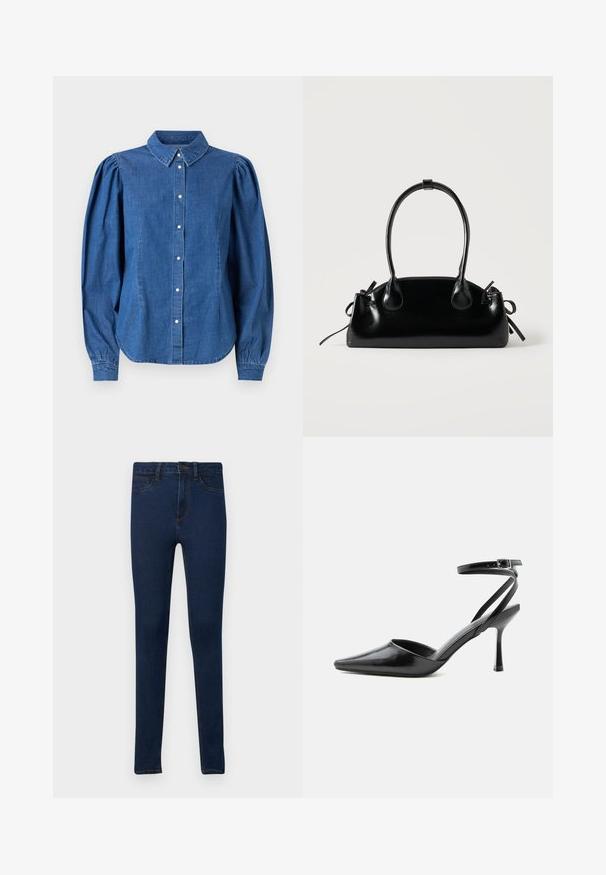 Denim shirt in een lichtblauwe kleur, met een knoopsluiting aan de voorkant en een op maat gemaakte kraag. Heeft opgezette lange mouwen en een gebogen zoom.; Skinny jeans in donkerblauwe denim met een gladde textuur, voorzien van een klassieke vijf-pocketontwerp en contrasterende gouden stiksels.; Zwarte pumps met puntige neus, dunne enkelbandjes en een zilveren gesp op een effen lichte achtergrond.; Kleine zwarte glanzende handtas met twee lange hengsels en zijkant trekkoord details op een effen lichte achtergrond.