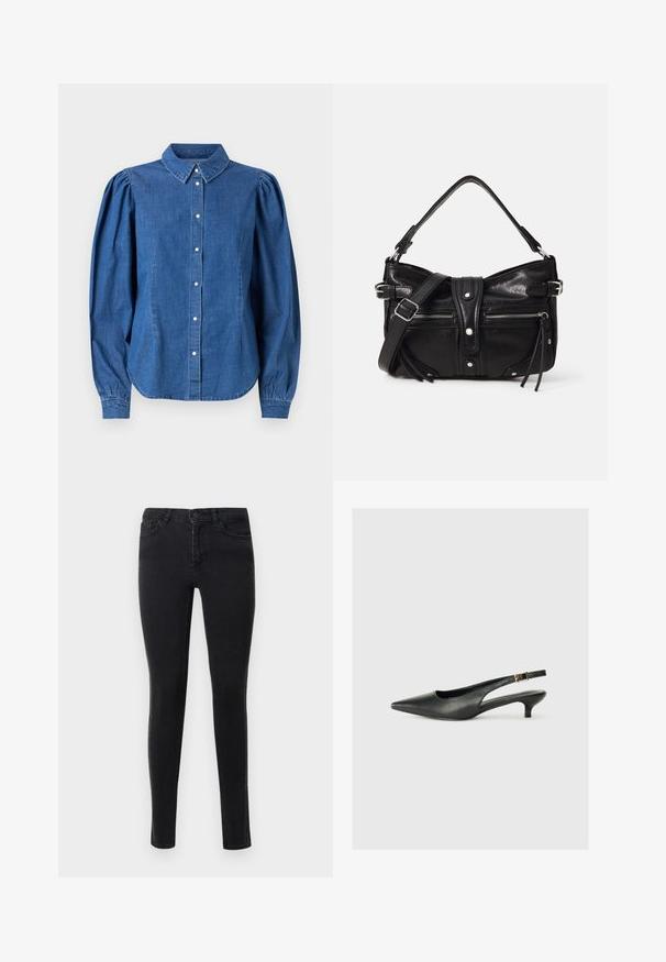Camisa de denim de color azul claro, con botones en la parte frontal y cuello ajustado. Presenta mangas largas abullonadas y un dobladillo curvado.; Vaqueros skinny negros de denim con una textura suave. Presenta bolsillos delanteros y costuras decorativas a lo largo de las costuras laterales.; Zapato de tacón slingback negro de punta afilada, hecho de cuero suave. Presenta un tacón delgado y un detalle de hebilla en la correa ajustable.; Even&Odd H24462 - Bolso de mano - black