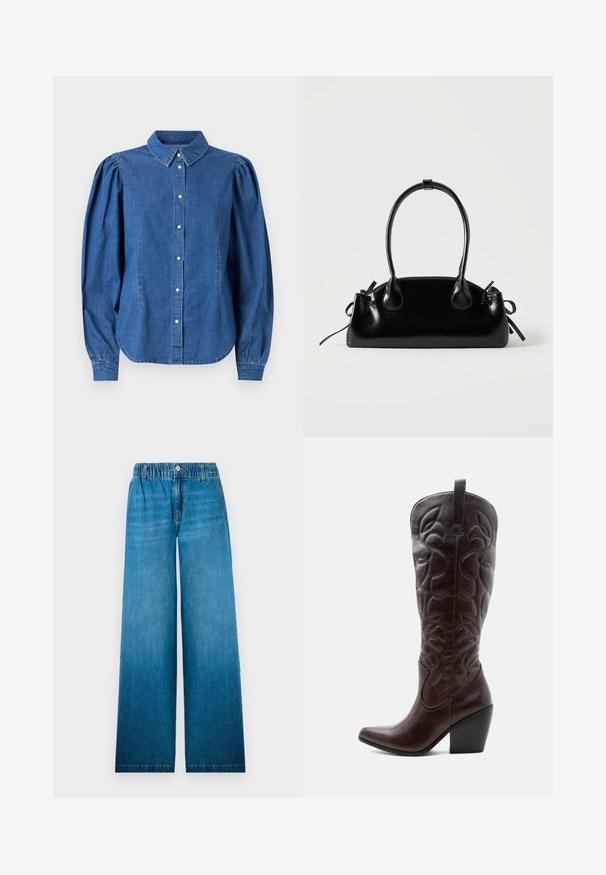 Denimskjorte i lyseblå farve, med knaplukning foran og skræddersyet krave. Har pufærmer og en buet kant.; Bredbåndede jeans i lys blå denim, med en elastisk talje, en knaplukning og et lige snitdesign med en falmet effekt.; Høj mørkebrun læder cowboystøvle med syede dekorative mønstre, spids tå og stablet blokhæle.; Lille sort blank håndtaske med to lange håndtag og snøre-detaljer i siden på en ensfarvet lys baggrund.