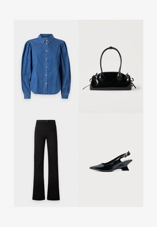 Denim shirt in een lichtblauwe kleur, met een knoopsluiting aan de voorkant en een op maat gemaakte kraag. Heeft opgezette lange mouwen en een gebogen zoom.; Zwarte high-waist jeans met rechte pijpen, voorzakken, riemlussen, een knoopsluiting en licht uitlopende zoom op een witte achtergrond.; Zwarte lakleren slingback schoen met spitse neus en lage schuine blokhak op een effen lichte achtergrond.; Kleine zwarte glanzende handtas met twee lange hengsels en zijkant trekkoord details op een effen lichte achtergrond.