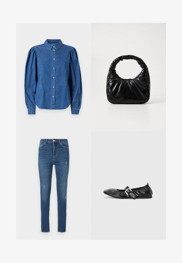 Camisa de denim de color azul claro, con botones en la parte frontal y cuello ajustado. Presenta mangas largas abullonadas y un dobladillo curvado.; Jeans ajustados de mezclilla azules, con una cintura de altura media, ligeros desgastes y detalles desgastados, con un clásico diseño de cinco bolsillos.; Zapato plano de piel negra con puntera afilada, detalle fruncido alrededor de la abertura y un acento de hebilla plateada en la correa ajustable.; Bolso negro acolchado con un asa redondeada, que presenta una superficie lisa y brillante y una textura suave y acolchada. Sin herrajes ni acentos visibles.