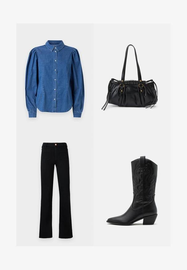 Denim shirt in een lichtblauwe kleur, met een knoopsluiting aan de voorkant en een op maat gemaakte kraag. Heeft opgezette lange mouwen en een gebogen zoom.; Zwarte hoge taille straight-leg jeans met voorzakken en een koperen knoopsluiting op een neutrale achtergrond.; Zwarte leren cowboylaars met een spitse neus, gegraveerde draaiende patronen en een halfhoge hak. Voorzien van een trekhaak voor gemakkelijk aan- en uittrekken.; Zwarte leren handtas met een afgeronde vorm, dubbele handvatten, decoratieve hardware accenten en details met zijstrikken. Smooth, glanzende textuur.