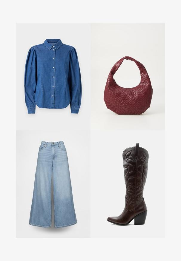 Denim shirt in een lichtblauwe kleur, met een knoopsluiting aan de voorkant en een op maat gemaakte kraag. Heeft opgezette lange mouwen en een gebogen zoom.; Lichtblauwe wijde jeans van denim, met een hoge taille, voorzakken en een knoopsluiting. De stof heeft een verweerde wassing.; Lange donkerbruine leren cowboylaars met gestikte decoratieve patronen, spitse neus en gestapelde blokhak.; Geweven bordeaux handtas met een afgeronde silhouet, een enkele handgreep en een gestructureerde afwerking. Ritssluiting aan de bovenkant.