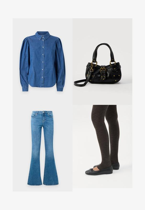 Denimskjorte i lyseblå farve, med knaplukning foran og skræddersyet krave. Har pufærmer og en buet kant.; Blå denim flared jeans med mellemhøj talje, der har fem lommer, en standard knaplukning og let falmning for struktur.; Ben iført mørke ribbede leggings kombineret med sorte balletsko med små sløjfedetaljer på hvid baggrund.; Sort læderhåndtaske med guldbælge og nitdetaljer, korte håndtag og en justerbar skulderrem på en ensfarvet hvid baggrund.