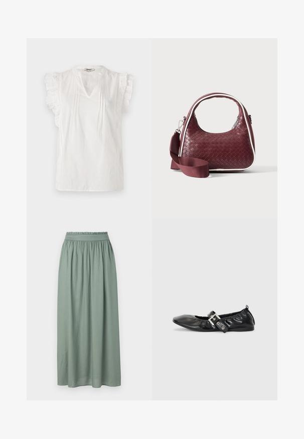 Blouse blanche à manches courtes avec des accents en volants, décolleté en V, plis et texture à pois sur l'ensemble. Confectionnée en tissu léger.; Jupe maxi en tissu vert doux, dotée d'une taille élastiquée et d'un design fluide. Texture lisse sans motifs ou détails marquants.; Chaussure plate en cuir noir avec un nez pointu, des détails froncés autour de l'ouverture et un accent en boucle argentée sur la bride ajustable.; Sac à main en cuir tressé marron foncé avec poignée courbée, garniture blanche, fermeture éclair argentée et bandoulière large en tissu amovible sur fond uni.