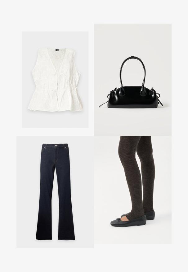 Blouse blanche sans manches à col en V, motif floral texturé, taille froncée et détail noué à l’avant, posée à plat sur un fond clair.; Jean en denim bleu foncé avec une taille haute et des jambes évasées, avec poches avant, bouton et fermeture éclair.; Jambes portant des leggings côtelés foncés associés à des ballerines noires avec de petits détails en nœud sur fond blanc.; Petit sac à main noir brillant avec deux longues anses et des détails à cordon sur les côtés sur un fond clair uni.