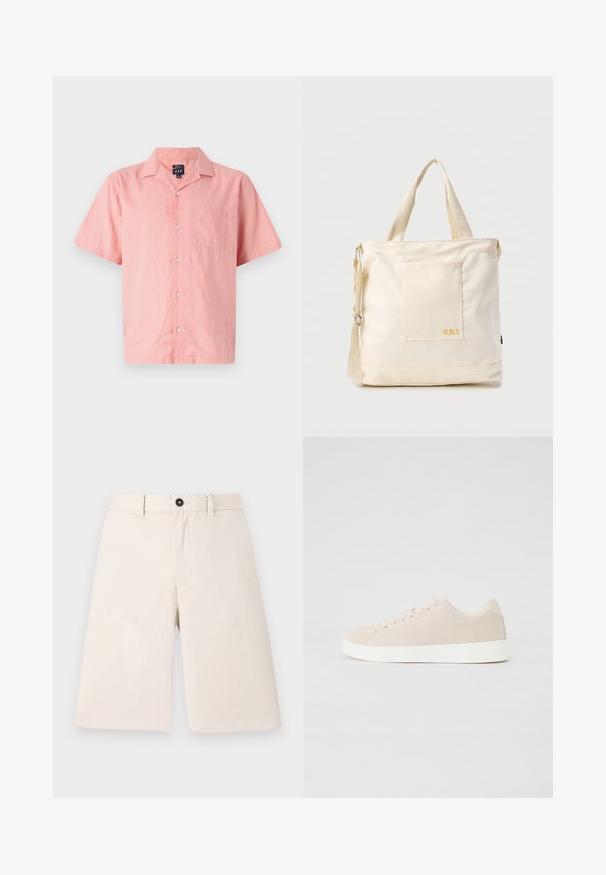 Kortærmet, lyserødt skjorte lavet af let stof med knaplukning foran, krave og en enkelt brystlomme. Enkel design og tekstur.; Beige bomuldsshorts med lige skæring, der har en knaplukning og bæltesløjfer. Glat tekstur uden mønstre eller accenter.; Beige ruskindsneakers med hvide gummisåler, rund tå og seks snøringshuller. Glat tekstur med minimalisk design.; Kremfarvet lærredstote-taske med frontlomme, to håndtag, justerbar skulderrem og lille gul "O.N.S" tekst i nederste højre hjørne af lommen.