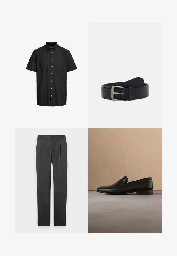 Chemise noire à manches courtes en tissu lisse, avec un col boutonné, des boutons sur le devant ornés d'accents de couleur claire, et un ourlet droit.; Pantalons gris sur mesure avec une coupe droite, dotés d'un pli avant, d'une fermeture éclair et d'un bouton. Texture lisse, design classique.; Mocassin en cuir noir présenté en lévitation au-dessus d'un tapis beige avec un canapé beige en arrière-plan.; Ceinture en cuir noir avec une boucle en métal argenté, présentant une finition lisse et un design classique. La ceinture est enroulée avec l'extrémité pointée.