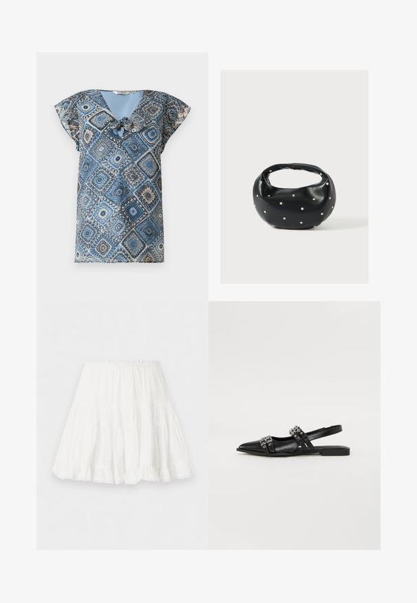 Blouse à manches courtes bleu et marron avec motifs losanges et cercles, col en V et détail noué à l'avant.; Jupe blanche à volants avec taille élastique et ourlet volanté, fabriquée en tissu léger.; Even&Odd by Zalando Ballerines à brides arrière - black; Sac à main en cuir noir de forme arrondie, décoré de clous argentés et équipé d'une poignée courte. Texture lisse et fermeture éclair.