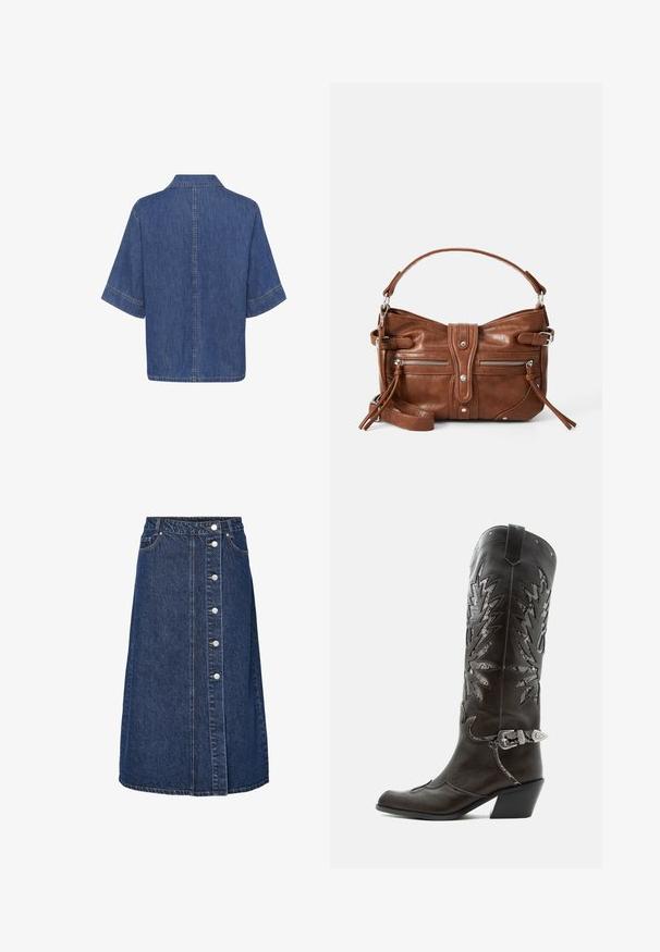 Denimskjorte med korte ærmer, mellemblå farve, klassisk krave og lige afslutning med synlige stikninger på kanterne.; Denimnederdel med høj talje, frontknaplukning og to sidelommer. Mørkeblå farve, lige snit og synlige syningsdetaljer.; Sort læder cowboystøvle med dekorative udskæringer, sølvspænde og skrå hæl, vist på hvid baggrund.; Brun læderhåndtaske med en rund form, to frontlommer med lynlås og en aftagelig skulderrem. Udstyret med hardware og syninger i sølvfarve.