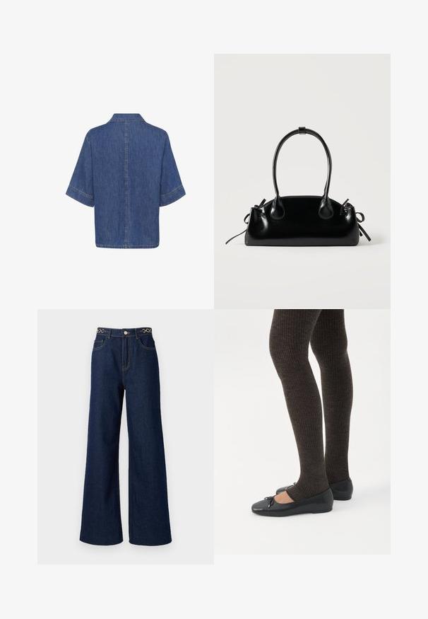Denim särgid, lühikesed varrukad, keskmiselt sinine värv, klassikaline krae ja sirge hem, mille servadel on nähtavad õmblused.; Laiad tumesinised teksad on kõrge vöökohaga, kuldsed keti aksessuaarid vöökohal ja kontrastsed õmblusdetailid kogu ulatuses.; Jalad seljas tumedad soonelises soonelises kombines mustade baleriinadega, millel on väikesed paelade detailid valgel taustal.; Väike must läikiv käekott kahe pika sangaga ja külgedel paelakinnitustega, ühel lihtsal helel taustal.
