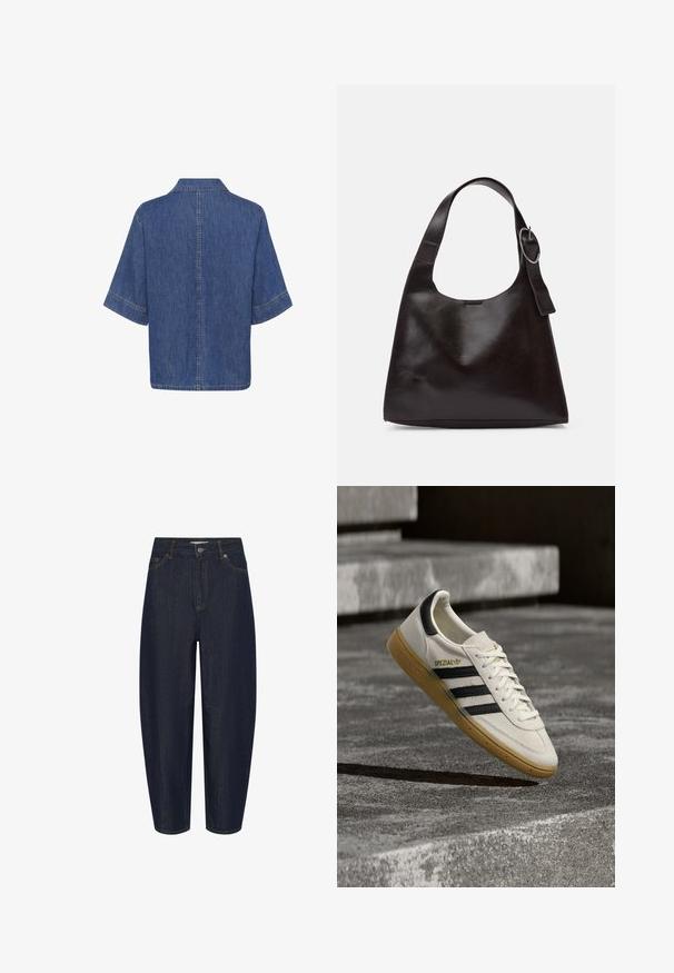 Denim särgid, lühikesed varrukad, keskmiselt sinine värv, klassikaline krae ja sirge hem, mille servadel on nähtavad õmblused.; Tumesinised kõrge vöökohaga sirge lõikega teksad, millel on ees nööbid, lukk ja viie taskuga disain.; Valge Adidas Spezial toss mustade triipude ja kummist tallaga hõljumas hallide kiviste astmete kohal õues.; Pruun nahkne õlakott sujuva tekstuuriga, ümar kuju, laia rihmaga ja ümara metallise aktsendiga käepidemel.