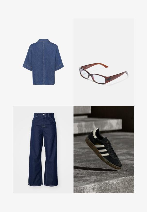 Denim särgid, lühikesed varrukad, keskmiselt sinine värv, klassikaline krae ja sirge hem, mille servadel on nähtavad õmblused.; Tumeda jalgrattaid tumesinisest denimist, millel on kõrge vöökoht, kontrastsed valged õmblused ja traditsiooniline viie tasku disain.; Must Adidas toss, valgete triipude ja kummist Tallaga, hõljumas halli betoonastmete kohal loomulikus valguses.; Pruunide toonidega ristkülikukujulised prillid, millel on läikiv viimistlus, peeneid oksi ja läbipaistvad läätsed. Logo on nähtav vasakul templi osal.