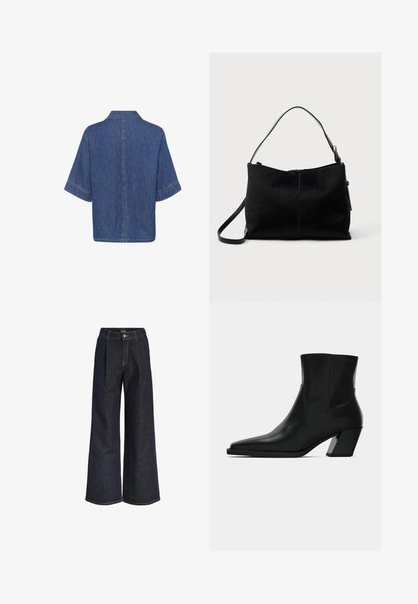 Denimskjorte med korte ærmer, mellemblå farve, klassisk krave og lige afslutning med synlige stikninger på kanterne.; Mørkeblå vidde jeans i denim med plisseringer, knaplukning og bæltestropper, vist mod en hvid baggrund.; Sortlæder ankelstøvle med spids tå, en slank silhuet og en kraftig firkantet hæl. Glat tekstur med minimale stikninger.; Sort skuldertaske med en glat, tekstureret overflade, prydet med en enkelt rem og en lynlåslukning øverst. Kompakt rektangulær form.