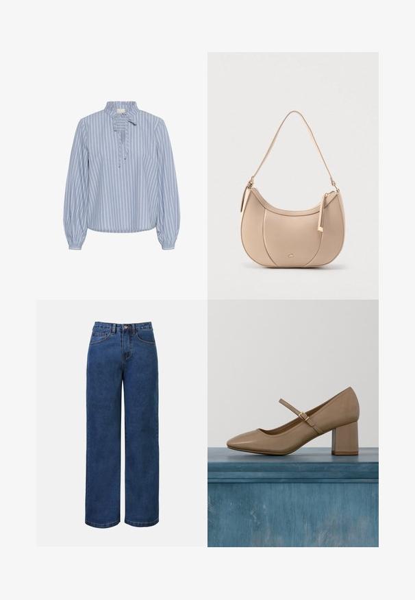 Kaffe KAMILINA - Blusa - windward blue melange stripe; Pantalones vaqueros de mezclilla azul oscura de pierna ancha con cintura elevada, con cierre de botón, trabillas para el cinturón y bolsillos delanteros y traseros. Textura suave.; Zapato de salón de cuero beige con tacón ancho, punta redonda y una correa decorativa con una hebilla dorada. Textura suave, diseño minimalista.; Bolso de hombro de cuero beige con forma de media luna, cierre superior con cremallera y correa desmontable. Cuenta con herrajes en tono dorado y detalles de costuras.