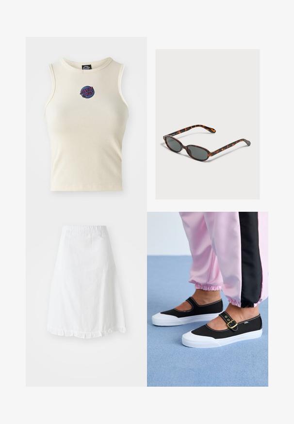 Creme ribbet tanktop med rund hals og uden ærmer, med et broderet "Santa Cruz" logo i pink og blå på forsiden.; Hvid nederdel med elastisk talje, der har et tekstureret mønster og en flæset snit i bunden. Enkel A-formet design.; Sorte lærredssko med en hvid sål, der har et udskæringsdesign og et guldspænde. Bæret med lyserøde træningsbukser.; Små ovale solbriller med mørke linser, der hviler på en lysegrå overflade.