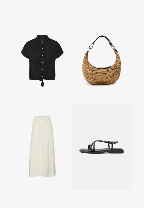 Schwarzes kurzärmliges Hemd mit durchgehender Knopfleiste, zwei Brusttaschen und geknotetem Saum, aus einem leichten Stoff gefertigt. Goldene Knöpfe betonen das Design.; Weiße, gestufte Maxiröhre aus leichtem, strukturiertem Stoff mit einem elastischen Bund. Sie verfügt über drei verschiedene Stoffabschnitte.; Schwarze flache Sandalen mit dünnen verstellbaren Riemen, rechteckigem Zehenriemen und einer strukturierten, matten Oberfläche. Mit einem niedrigen, leicht quadratischen Absatz.; Geflochtene Strohtasche in Beige mit geschwungener Silhouette, ausgestattet mit einem schwarzen Lederband und silbernen Metallakzenten. Strukturierte Oberfläche.