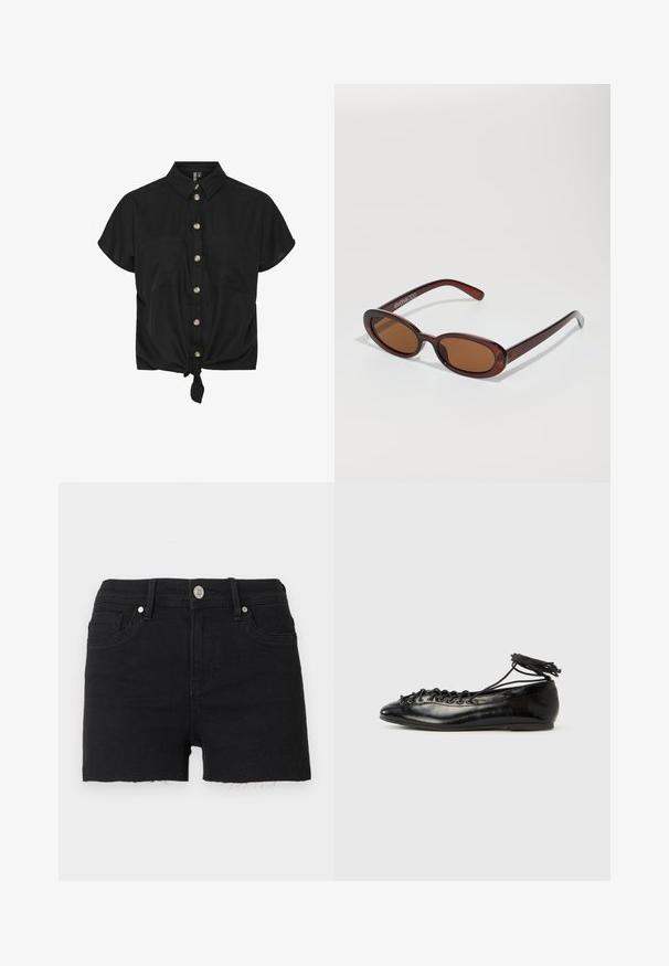 Camisa negra de manga corta con botón en el frente, dos bolsillos en el pecho y un dobladillo atado, hecha de una tela ligera. Botones dorados acentúan el diseño.; Pantalones cortos de mezclilla negra con dobladillo sin rematar, cierre de botón, trabillas para cinturón y bolsillos delanteros sobre un fondo liso.; Zapatos planos tipo ballet de charol negro con punta redondeada, diseño con cordones y suela plana. Textura lisa con detalles mínimos.; Gafas de sol redondas con tinte marrón y un marco burdeos brillante. Patillas delgadas con un sutil detalle de marca. Diseño de lentes planos.