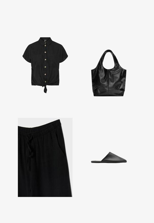 Čierna košeľa s krátkym rukávom a zapínaním na gombíky, s dvoma náprsními vreckami a zaväzovaním na dolnom okraji, vyrobená z ľahkého materiálu. Dizajn dopĺňajú zlaté gombíky.; Čierne nohavice s elastickým pásom a šnúrkou, s uvoľneným strihom a bočnými vreckami. Materiál sa zdá byť mäkký a ľahký.; Čierna kožená nazúvacia topánka so špicatou špičkou a hladkou textúrou, s minimalistickým dizajnom a plochou podrážkou.; Čierna kožená taška s hladkým povrchom, mäkkým zaobleným vrchom a širokými rúčkami. Obsahuje minimálne švy a voľný siluetu.