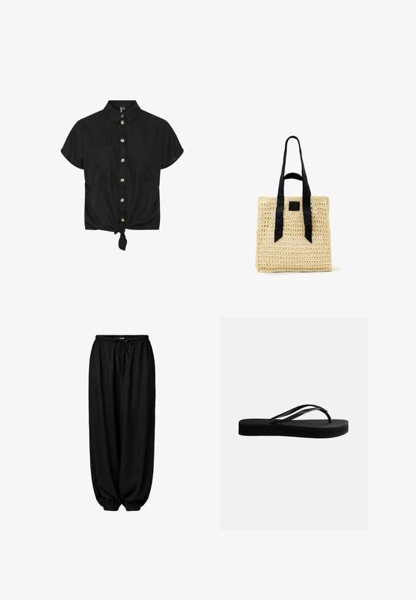 Camisa negra de manga corta con botón en el frente, dos bolsillos en el pecho y un dobladillo atado, hecha de una tela ligera. Botones dorados acentúan el diseño.; Pantalones negros sueltos con cintura elástica y cordón, puños elásticos estrechos, hechos de tela suave para uso informal.; Chancla negra de goma con suela texturizada y correa en forma de Y, mostrada en vista lateral sobre un fondo liso y claro.; Bolso tote de paja beige trenzada con asas largas de tela negra y un pequeño parche cuadrado negro en el frente.