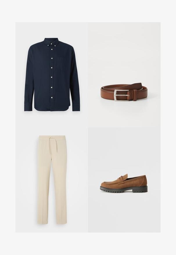 Marineblauw overhemd met lange mouwen, een kraag, een knoopsluiting aan de voorkant en een borstzak. Gemaakt van een zachte stof.; Beige, elastische broek met een trekkoord in de taille. Heeft rechte pijpen en een zachte textuur, geschikt voor casual wear of loungen.; Bruine suede instappers met een ronde neus en een lage zwarte rubberen zool, met een decoratieve band en stiksel details op het bovenwerk.; Bruine leren riem met een gladde afwerking, voorzien van een metalen gesp in zilver en subtiele stiksels langs de randen. Tijdloos en duurzaam ontwerp.