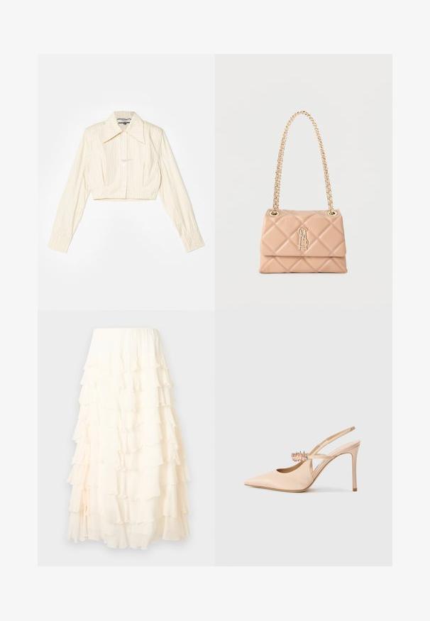 Chemise à manches longues coupée, de couleur beige clair avec des rayures verticales. Elle présente un col pointu, une fermeture par boutons et un tissu texturé.; Jupe midi couleur crème avec des volants en couches et une ceinture élastique, présentée sur un fond uni.; Escarpins slingback en satin beige avec bout pointu, talon stiletto fin, et ornements décoratifs en pierres précieuses roses et transparentes sur la bride.; Sac à main en cuir matelassé beige avec une bandoulière chaîne dorée et un logo métallique MSA sur le rabat avant, sur un fond uni.