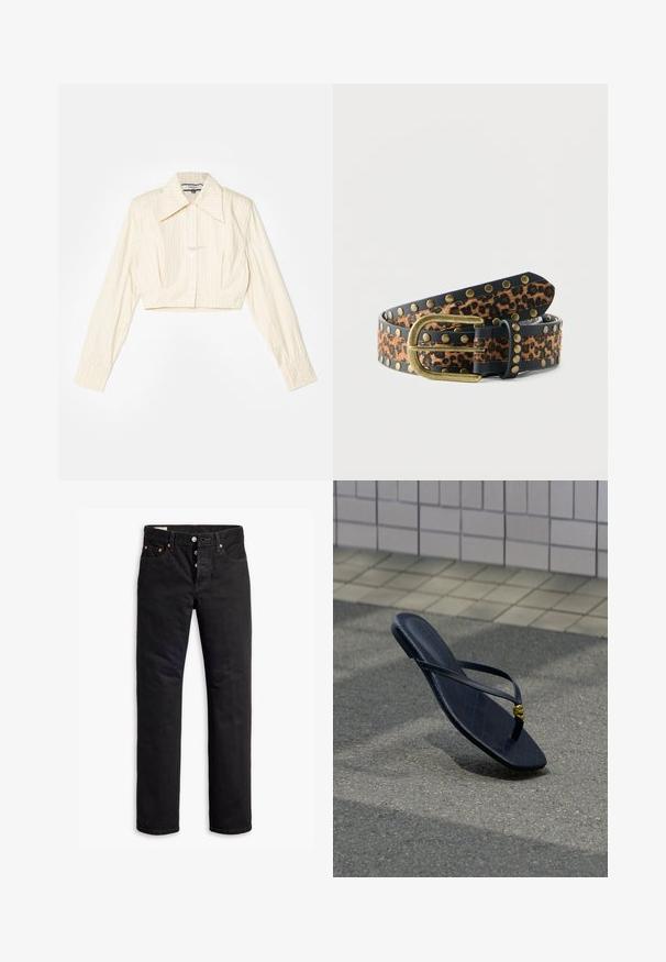 Chemise à manches longues coupée, de couleur beige clair avec des rayures verticales. Elle présente un col pointu, une fermeture par boutons et un tissu texturé.; Jean en denim noir à coupe droite, avec un design à cinq poches et une fermeture éclair à boutons. Présente des rivets en cuivre et des accents de broderie.; Tongs en cuir noir avec une boucle décorative dorée, reposant sur un pavement texturé près d’un mur carrelé en extérieur.; Ceinture en cuir avec un imprimé léopard au centre, bords noirs, clous en laiton et boucle en laiton antique, enroulée sur un fond blanc.