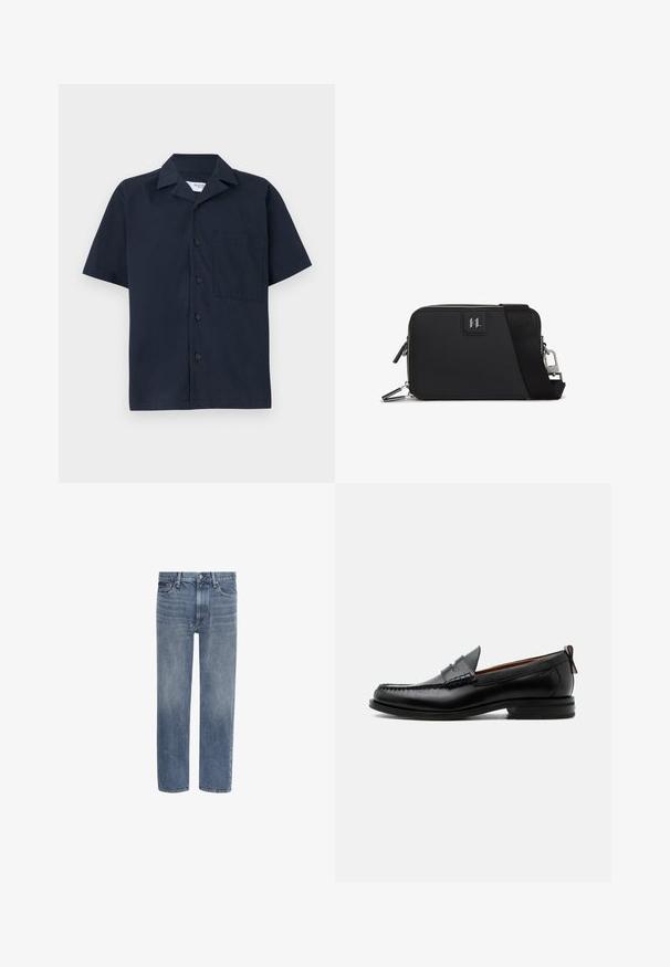 Camisa de manga corta azul marino hecha de tejido suave, con cuello, cierre de botones y un único bolsillo en el pecho. Diseño sencillo sin patrones.; Vaqueros de denim azul con pierna recta, bolsillos delanteros, trabillas para cinturón y cierre de botón.; Mocasín de hombre de piel negra con costura moc toe, tira penny, cuello texturizado y tacón bajo apilado sobre fondo blanco.; Bolso rectangular negro hecho de material texturizado, con cierre de cremallera, correa ajustable y un parche con el logotipo en la parte frontal.
