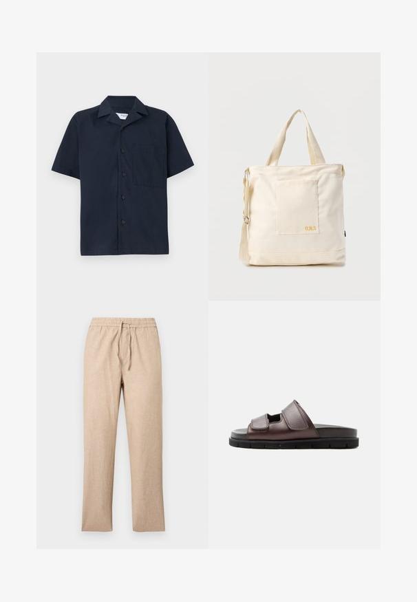 Marineblauwe kortemouwshirt van gladde stof, met een kraag, knoopsluiting en een enkele borstzak. Eenvoudig ontwerp zonder patronen.; Beige linnen broek met trekkoord en elastische tailleband, rechte pijp en zonder zichtbare zakken, afgebeeld op een lichtgrijze achtergrond.; Bruine leren sandaal met twee verstelbare klittenbandsluitingen en een zwarte gevoerde zool op een witte achtergrond.; Crèmekleurige canvas boodschappentas met voorvak, twee handvatten, verstelbare schouderriem en kleine gele "O.N.S" tekst rechtsonder op het vak.