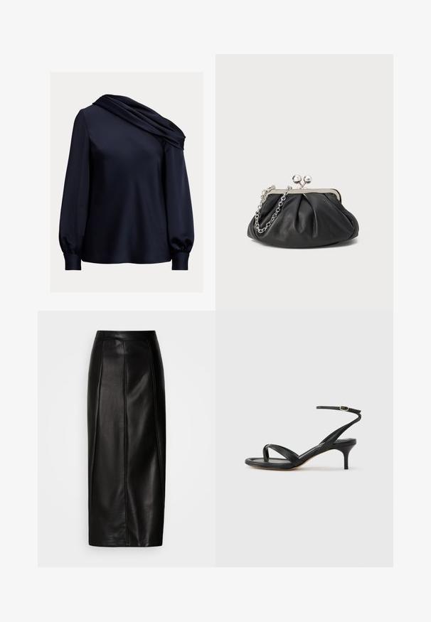 Tumed blouse, millel on drapeeritud asümmeetriline kaelus, pikad puff-sleeved varrukad, sile satiinmaterjal ja sobiv äär.; Mustast nahast midi-seelik, millel on vormitud vöökoht, sile tekstuur, nähtavad õmblused ja sirge siluett. Kaunistusi ei ole.; Mustast nahast naiste sandaal õhukeste rihmadega, varbaringi, pahkluu pandlaga ja keskmise kõrgusega kitsekontsaga neutraalsel taustal.; Musthave musta nahast käekott, millel on volditud tekstuur, hõbedane metallraam, lukustatud sulgemismehhanism ja kett. Sile ja pehme pind.