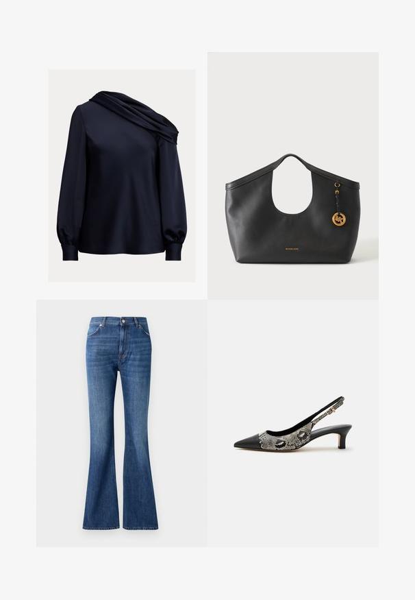 Navyblaue Bluse mit einem drapierten asymmetrischen Ausschnitt, langen Puffärmel, glattem Satinmaterial und einem taillierten Saum.; Blaue Schlagjeans aus Denim, mit hoher Taille, fünf Taschen und einem subtilen Waschungseffekt nahe den Nähten.; Schwarzer spitzer Slingback-Schuh mit niedrigem Kittenabsatz und Schlangenprint-Obermaterial mit kleiner goldener Schnalle am Riemen.; Schwarze Ledertasche von Michael Kors mit rund ausgeschnittenem Griff, goldenem Logoanhänger an der Seite und kleinem goldenen Markennamen vorne.