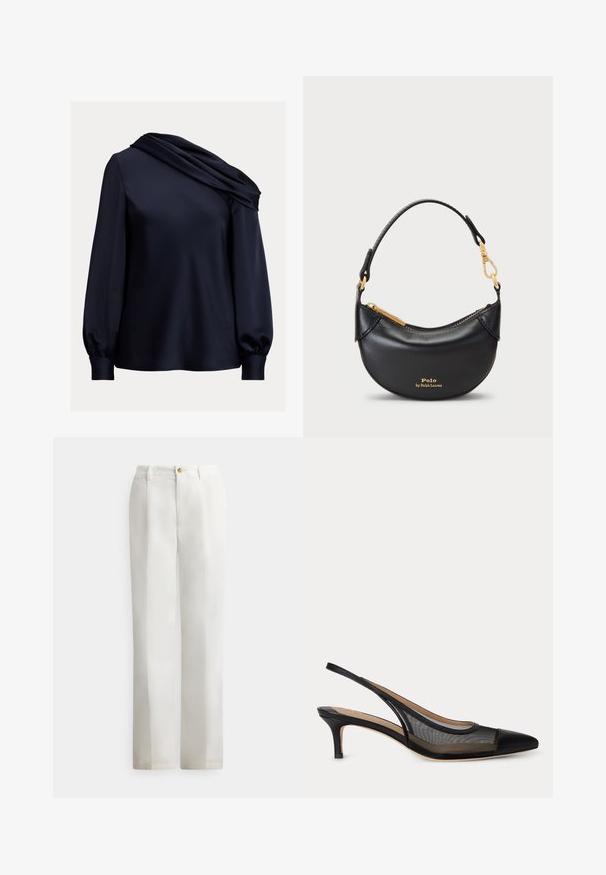 Navyblaue Bluse mit einem drapierten asymmetrischen Ausschnitt, langen Puffärmel, glattem Satinmaterial und einem taillierten Saum.; Weiße gerade geschnittene Hose mit glatter Textur, vorne mit Knopfverschluss und klassischen Taschen. Sauberes, minimalistisches Design.; Schwarzer Slingback-Kitten-Heel-Schuh mit spitzer Zehenpartie und transparenten Mesh-Seiten, beigem Innenfutter und dünnem Riemen hinten.; Schwarze Lederhandtasche mit geschwungener Silhouette, Metallreißverschluss und kurzem Griff. Ausgestattet mit goldenem Metall und geprägtem Logo auf der Vorderseite.