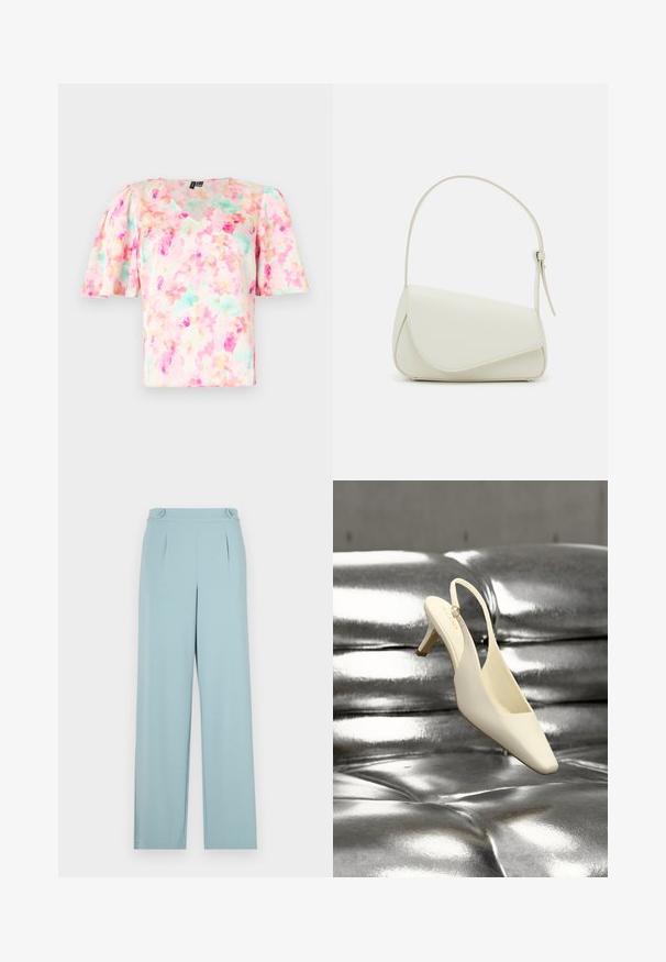 Blouse à imprimé floral dans des tons pastel de rose et de vert menthe, dotée d'un décolleté en V et de manches courtes bouffantes, fabriquée en tissu léger.; Pantalon bleu clair au design ajusté, avec des plis et des accents de bouton à la taille. Fabriqué en tissu lisse et léger.; Chaussure à talon kitten slingback crème avec un bout carré reposant sur une surface en cuir argenté capitonnée et brillante.; Sac à main en cuir synthétique blanc avec une forme triangulaire structurée, une bandoulière unique réglable et un rabat à courbes accentuées.
