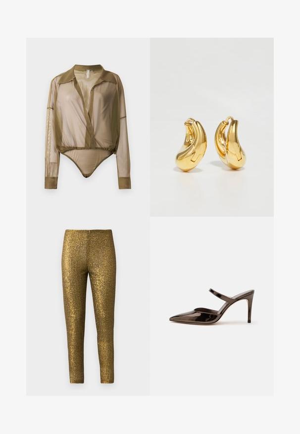Bodysuit transparent à manches longues en vert olive, avec un col, un décolleté en V profond et une coupe ajustée à la taille avec un bas de bodysuit.; Leggings métalliques dorés présentant un motif de rayures verticales texturé. Le tissu a une finition brillante et une silhouette slim et ajustée.; Mule à talon haut marron foncé brillant à bout pointu avec une fine bride sur le coup de pied sur fond blanc uni.; Boucles d'oreilles en or en forme de d'anneaux lisses et courbés avec une finition polie. Équipées d'un mécanisme de fermeture et de légères indentations pour le détail.