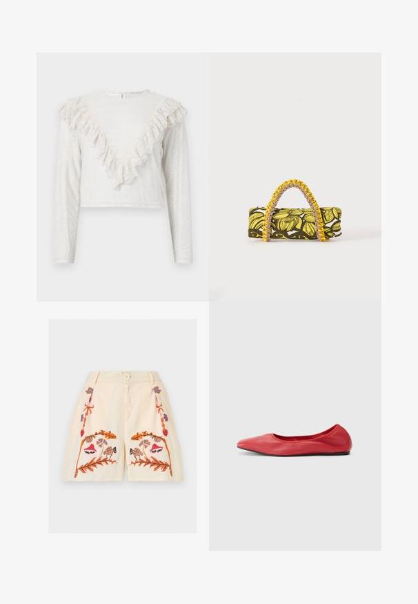 Blouse blanche en dentelle à manches longues avec un bord volanté en forme de V sur le devant et des poignets ajustés, dotée d'un col montant et d'une fermeture à boutons au dos.; Shorts crème avec bouton devant, fermeture éclair, et motifs brodés symétriques floraux et champignons en orange, rose, bleu et marron.; Filippa K REY FLATS - Ballerines - bright red; Sac rectangulaire avec motif floral jaune et noir et anse tressée jaune et rose sur fond blanc.
