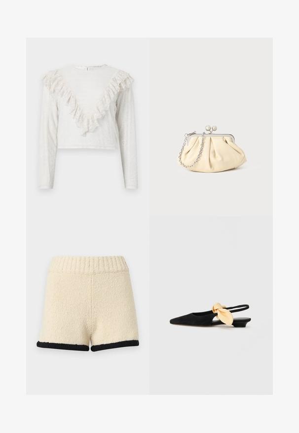 Blouse blanche en dentelle à manches longues avec un bord volanté en forme de V sur le devant et des poignets ajustés, dotée d'un col montant et d'une fermeture à boutons au dos.; Shorts en tricot couleur crème avec taille côtelée et bordure noire à l'ourlet, présentés sur un fond clair uni.; NEOUS UBA - Ballerines à brides arrière - black; Pochette en cuir beige plissé avec un cadre en métal argenté, dotée de deux fermoirs ronds décoratifs et d'une chaîne en argent.