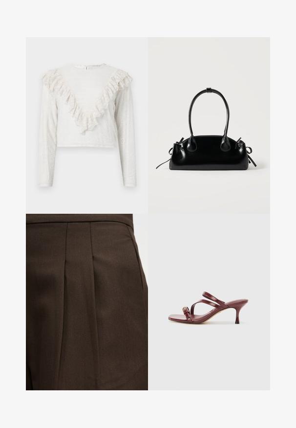 Blouse blanche en dentelle à manches longues avec un bord volanté en forme de V sur le devant et des poignets ajustés, dotée d'un col montant et d'une fermeture à boutons au dos.; Vêtement brun foncé sur mesure avec un détail de plis verticaux sur une surface de tissu lisse.; Sandales à talons hauts en cuir verni bourgogne avec un bout carré, deux fines lanières et une boucle dorée décorative sur le côté.; Petit sac à main noir brillant avec deux longues anses et des détails à cordon sur les côtés sur un fond clair uni.
