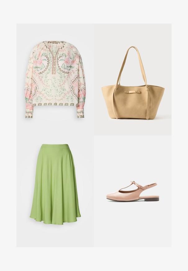 Blouse légère crème avec imprimé floral en rose et vert. Présente un col froncé et des accents bruns délicats. Manches longues.; Jupe midi en forme A en tissu vert vif. Texture lisse avec une taille large et une silhouette fluide.; Ballerine en cuir verni nude avec bride en T, fermeture à boucle, bout pointu fermé et talon slingback sur fond blanc.; Sac fourre-tout en cuir beige avec deux longues lanières, texture lisse et un subtil accent en métal à l'avant. Conception à ouverture supérieure, intérieur spacieux.
