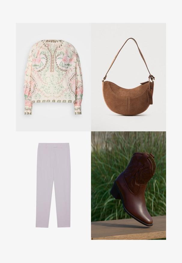 Blouse légère crème avec imprimé floral en rose et vert. Présente un col froncé et des accents bruns délicats. Manches longues.; Pantalons violet clair en tissu lisse, dotés d'une coupe ajustée, de passants de ceinture et d'une coupe droite.; Botte de cowboy en cuir marron avec des coutures décoratives, inclinée vers le haut sur une surface en bois avec un arrière-plan flou d'herbe verte.; Sac à main en daim marron de forme courbée en demi-lune. Il est doté d'une bandoulière, d'une petite étiquette et de coutures visibles le long des bords.