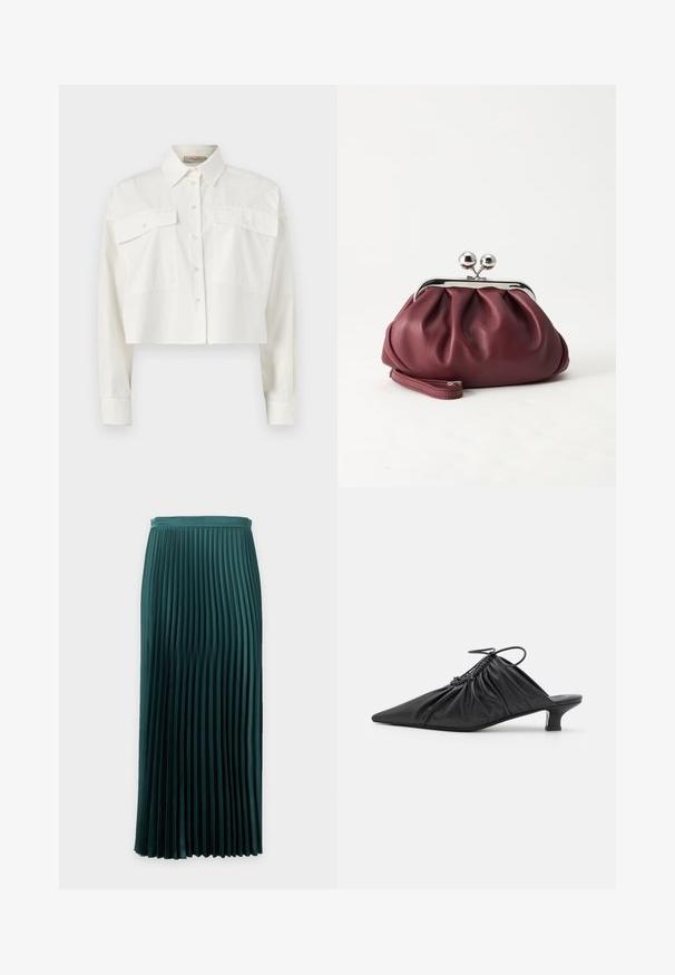 Chemise blanche raccourcie à manches longues avec deux grandes poches avant à rabat et un col pointu sur un fond uni.; Jupe plissée mi-longue vert foncé avec une taille ajustée et des plis verticaux uniformément espacés.; Mules noirs en cuir à enfiler avec un bout pointu, une texture froncée et un petit talon aiguille. Présente un détail à cordon au niveau de l'ouverture.; Petit sac pochette en cuir bordeaux avec fermoir métallique argenté et bracelet sur fond blanc.