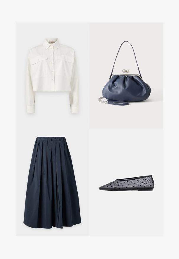 Chemise blanche raccourcie à manches longues avec deux grandes poches avant à rabat et un col pointu sur un fond uni.; Jupe midi plissée bleu marine foncé avec une taille élastique et une silhouette fluide sur un fond clair uni.; Chaussure plate noire à bout pointu, en tissu transparent avec un motif à pois noirs sur un fond clair.; Sac à main en cuir bleu marine doux avec fermeture à boucle argentée, une seule bandoulière, et une chaîne de poignet amovible sur fond blanc.
