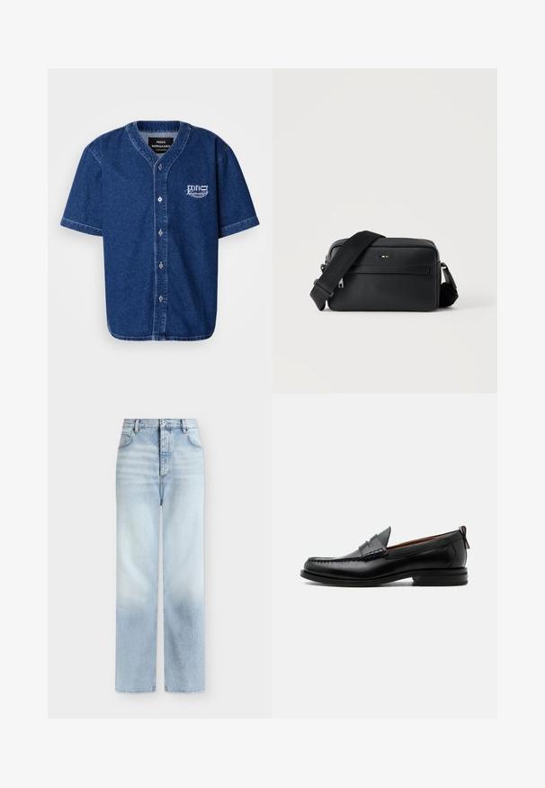 Kurzärmliges, knöpfbares Hemd aus dunkelblauem Denim mit klassischem Kragen und weißem gesticktem Logo auf der linken Brust.; Hellblaue, hoch taillierte Jeans mit geradem Bein, Fronttaschen, Gürtelschlaufen und einem Knopfverschluss.; Schwarzer Leder-Herrenschuh mit Mokassinnaht, Penny-Riemen, strukturiertem Kragen und niedrigem gestapeltem Absatz auf weißem Hintergrund.; Schwarze, strukturierte Leder-Crossbody-Tasche mit vorderer Reißverschlusstasche und verstellbarem breitem Stoff-Schulterriemen auf weißem Hintergrund.