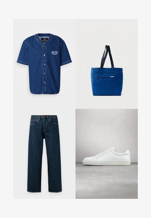 Kurzärmliges, knöpfbares Hemd aus dunkelblauem Denim mit klassischem Kragen und weißem gesticktem Logo auf der linken Brust.; Dunkelblaue Jeans aus Denim im geraden Schnitt, mit fünf Taschen und kontrastierendem orangefarbenem Nähen entlang der Nähte.; Weißer Sneaker mit glattem Lederobermaterial und niedrigem Profil. Verfügt über eine runde Zehenpartie, sechs Ösen und eine strukturierte Gummisohle.; Blaue Canvas-Einkaufstasche mit einer vorderen Reißverschlusstasche, doppelten Schulterriemen und rechteckiger Form. Verfügt über ein dezentes Markenlabel.