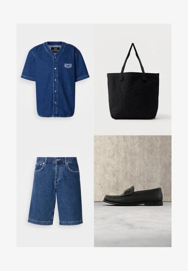 Camisa de manga corta, abotonada, hecha de denim azul oscuro con un cuello clásico y un logotipo bordado en blanco en el lado izquierdo del pecho.; Shorts de mezclilla en azul oscuro, con corte recto, dos bolsillos frontales y un cierre de botón clásico. Dobladillo cosido con leve desgasto.; Mocasín de cuero negro con detalle metálico, exhibido sobre una alfombra beige, con una mesa redonda marrón en el fondo.; Bolsa tote de lona negra con dos correas para el hombro y un diseño circular en relieve sutil en el frente.