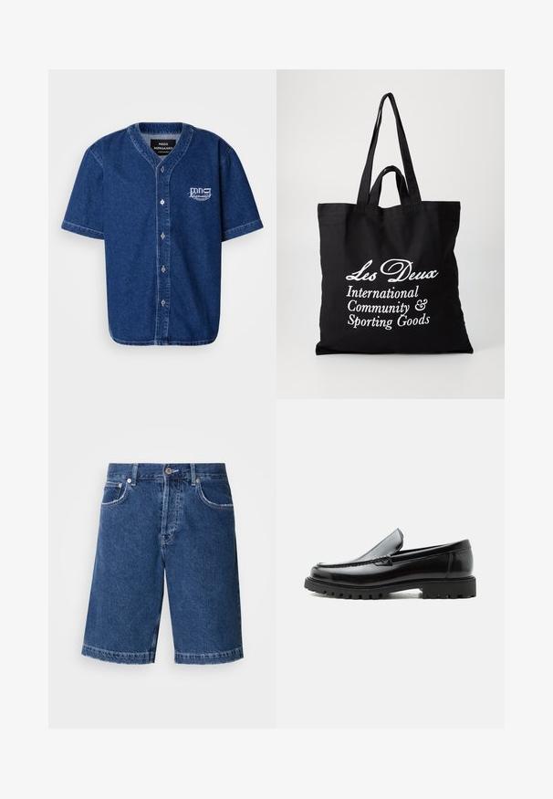 Camisa de manga corta, abotonada, hecha de denim azul oscuro con un cuello clásico y un logotipo bordado en blanco en el lado izquierdo del pecho.; Shorts de mezclilla en azul oscuro, con corte recto, dos bolsillos frontales y un cierre de botón clásico. Dobladillo cosido con leve desgasto.; Mocasín de cuero negro con suela de goma gruesa, empeine cosido y nombre de la marca en relieve en el talón, mostrado en perfil lateral sobre fondo blanco.; Bolsa de lona negra con dos asas resistentes, que presenta el texto blanco: "Les Deux International Community & Sporting Goods."
