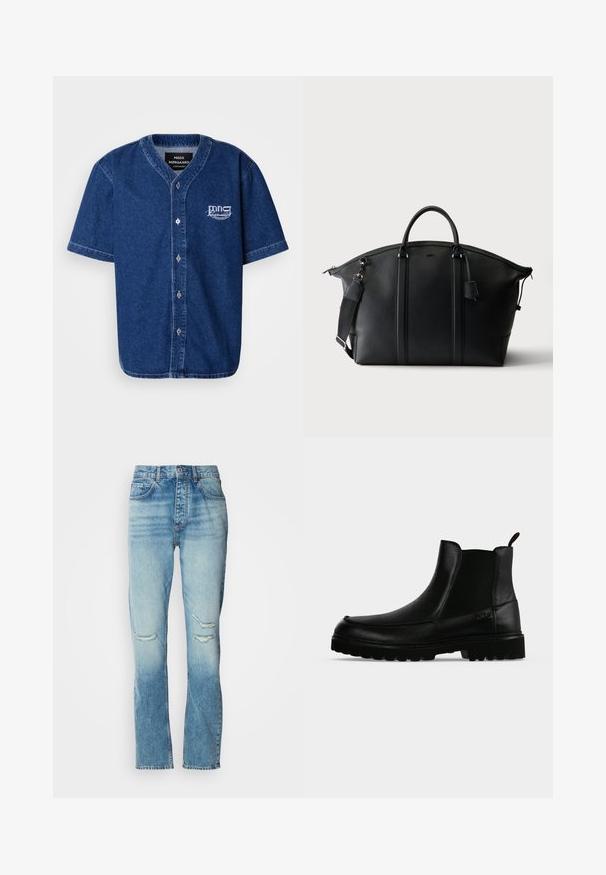 Camisa de manga corta, abotonada, hecha de denim azul oscuro con un cuello clásico y un logotipo bordado en blanco en el lado izquierdo del pecho.; Jeans de mujer de tiro medio en azul con lavado desgastado, desgastes en ambas rodillas, corte recto y diseño clásico de cinco bolsillos.; Bota negra de cuero hasta el tobillo con suela texturizada, paneles laterales elásticos y pestaña de tirador sobre fondo gris claro.; Bolso de viaje grande de piel negra con dos asas superiores, una correa de hombro desmontable y cierre de cremallera sobre un fondo liso.
