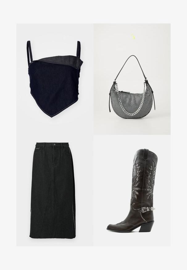 Bralette en denim avec un design ajusté. Tissu bleu foncé avec un panneau angulaire plus clair. Bretelles réglables et détails de couture visibles.; Jupe en denim noire avec une taille haute, coupe droite et coutures angulaires uniques. Présente des fentes latérales et une fermeture à bouton à la taille.; Botte de cowboy en cuir noir avec découpes décoratives, boucle argentée et talon incliné, présentée sur fond blanc.; Sac à main en mesh noir de forme croissant, avec une bandoulière en chaîne argentée et des accents en cuir noir. Surface texturée avec une fermeture éclair.