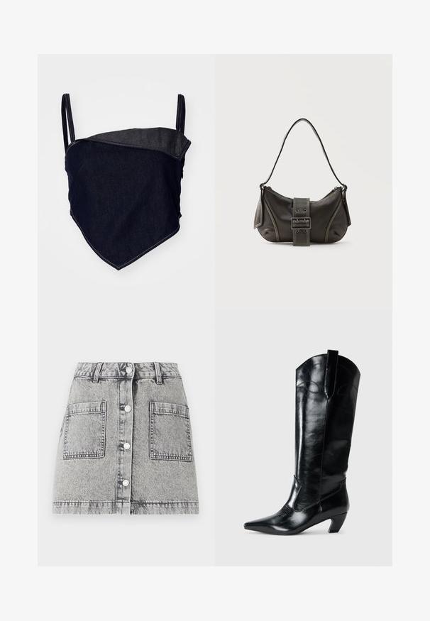 Bralette en denim avec un design ajusté. Tissu bleu foncé avec un panneau angulaire plus clair. Bretelles réglables et détails de couture visibles.; Jupe en denim gris clair avec une texture délavée, dotée d'une fermeture à boutons, de deux grandes poches avant et d'une coupe droite.; Bottes en cuir noir montantes jusqu'au genou, avec une pointe effilée, un talon bas, et des détails de couture décoratifs sur les côtés. Fini lisse et brillant.; Sac à épaule en cuir noir avec une sangle à boucle, des bords arrondis et des coutures blanches contrastées sur un fond uni.