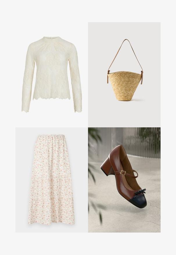 Blouse à manches longues de couleur crème avec motif en dentelle florale, col montant, fermeture par boutons au dos, et ourlet et poignets festonnés.; Jupe midi florale avec un fond blanc et des fleurs roses et vertes, taille élastique et design en niveaux pour plus de volume.; Talons Mary Jane en cuir marron avec bout noir, nœud noir, bride à boucle dorée et talon bloc sur un sol clair texturé.; Sac seau en paille tissée avec une base large, un sommet étroit et une bandoulière en cuir marron ajustable.